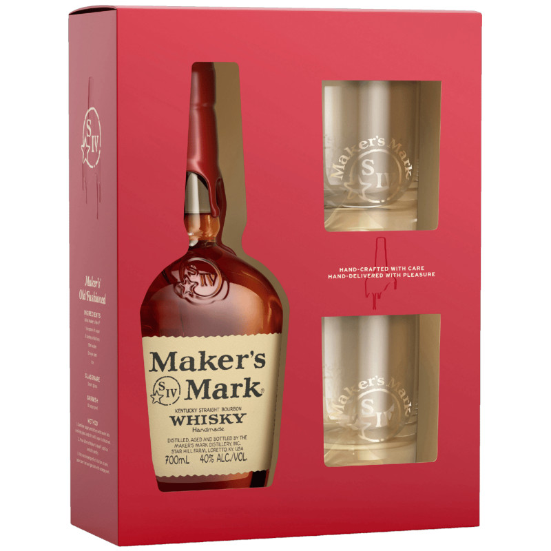 MAKER’S MARK Kentucky Straight Bourbon WHISKY Handmade + 2 szklanki 45% 0,7L